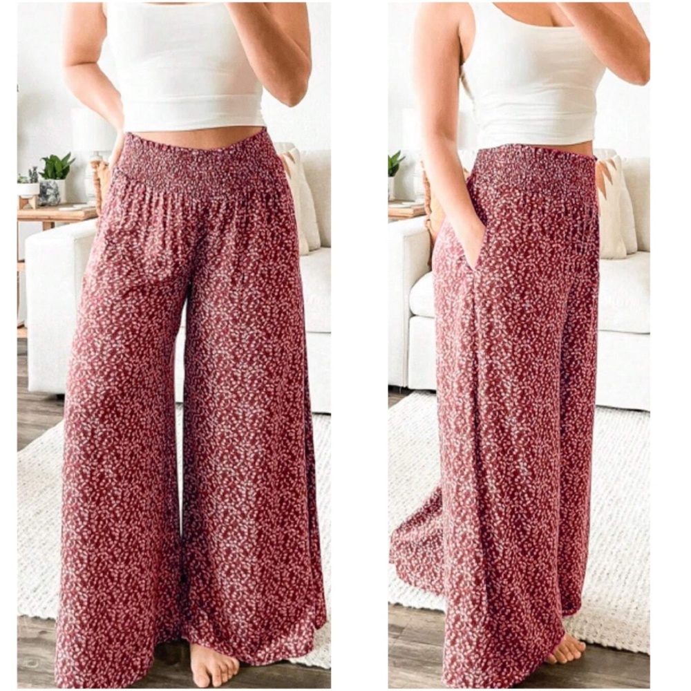 Plus Floral Print Stretchy Waist Wide leg Trouser Pants - Picture 4 of 6